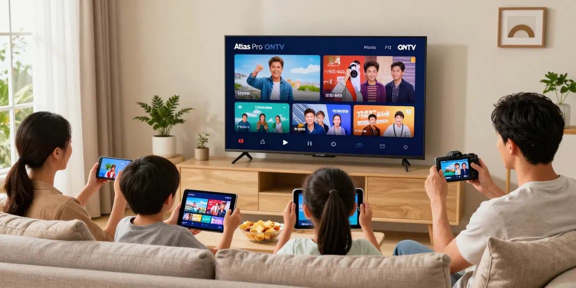 Famille profitant d'Atlas pro ontv sur un TV dans un salon chaleureux