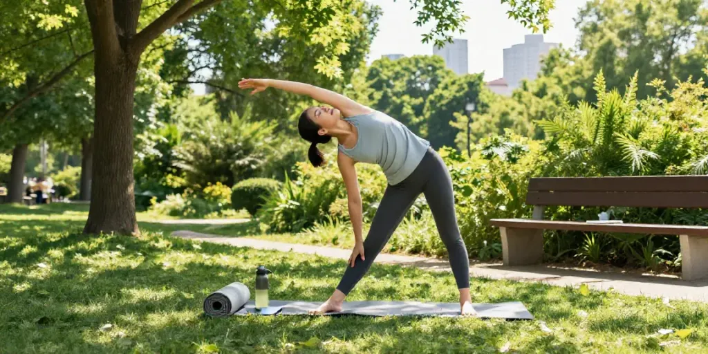 Scène de bien-être naturel avec un individu en pleine séance de stretching, mettant en avant les produits de naturaforce.com.