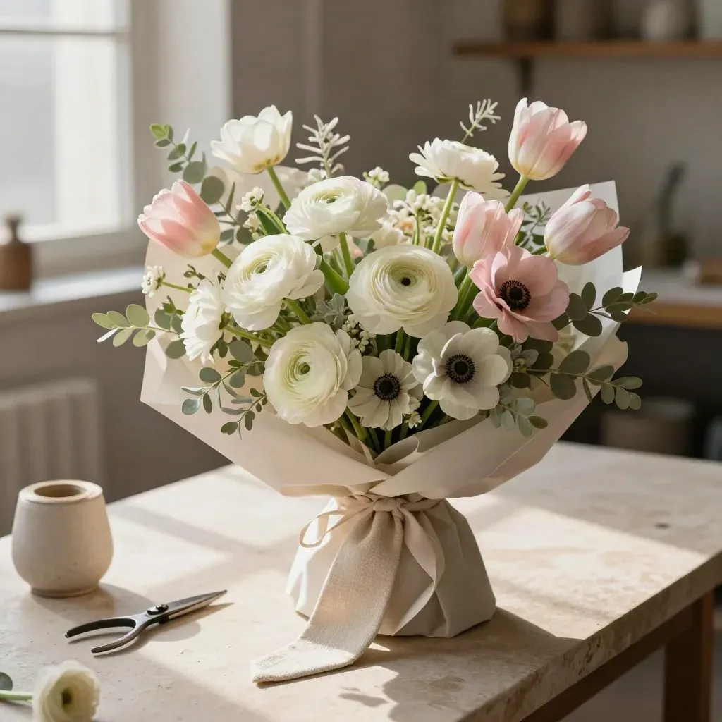 Bouquet sur mesure de renoncules, tulipes et anémones sur une table d’atelier claire.