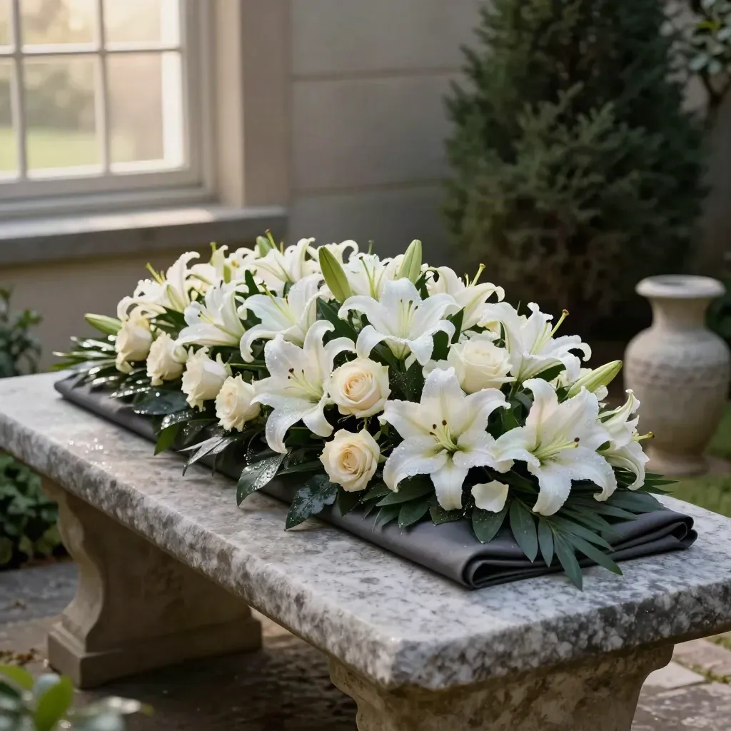 Gerbe funéraire de lys blancs et roses crème près d’un banc de pierre.