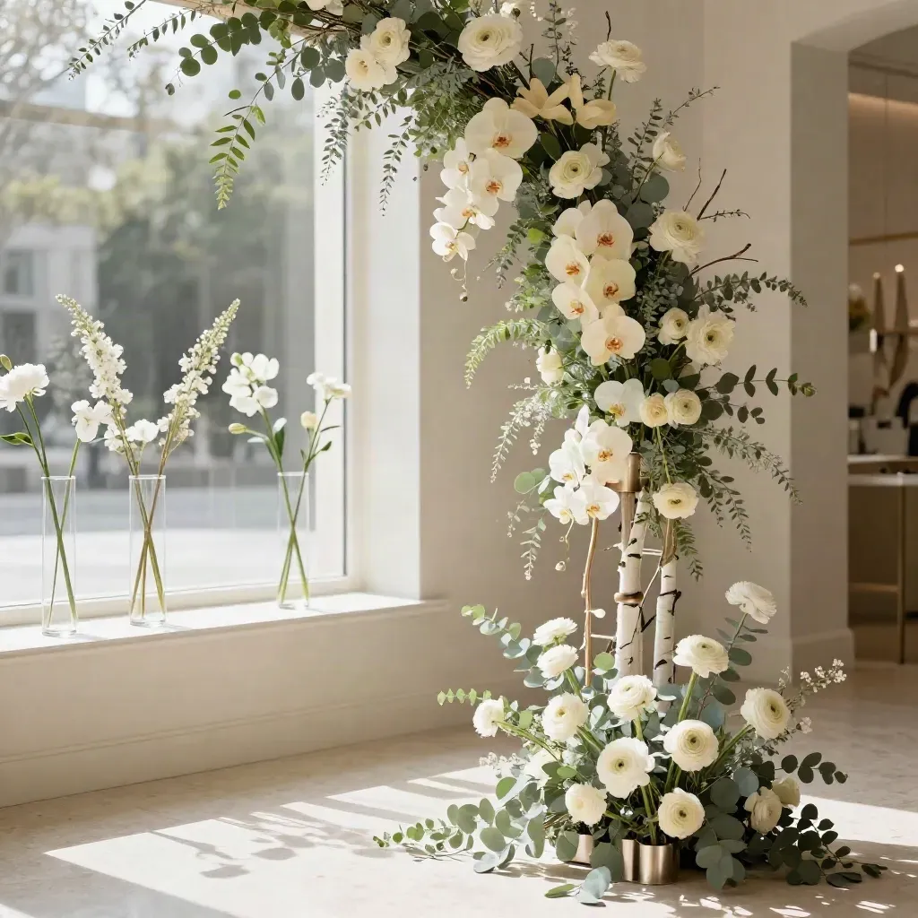 Arche florale d’événement avec vases de réception, branches claires et lumière de fin d’après-midi.