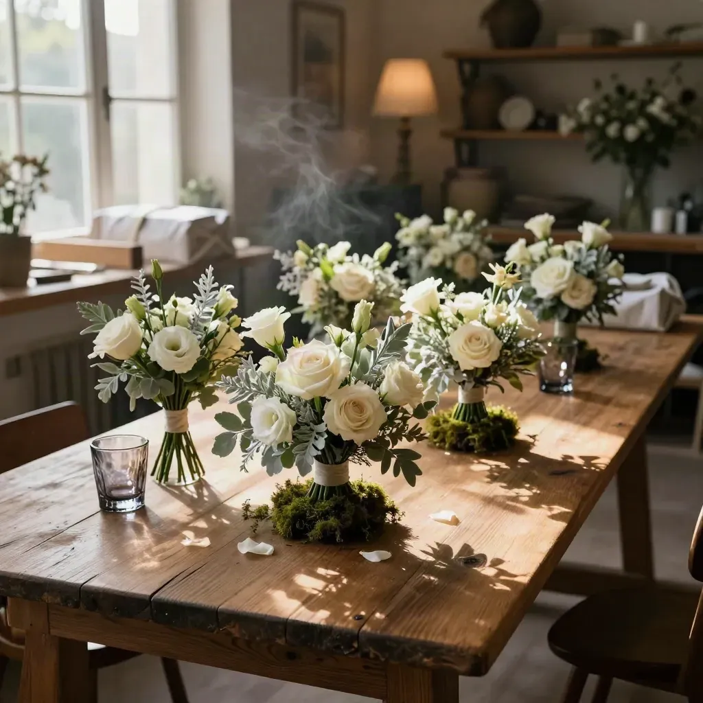 Rangée de six centres de table floraux avec bougeoirs fumés sur une table d’atelier.
