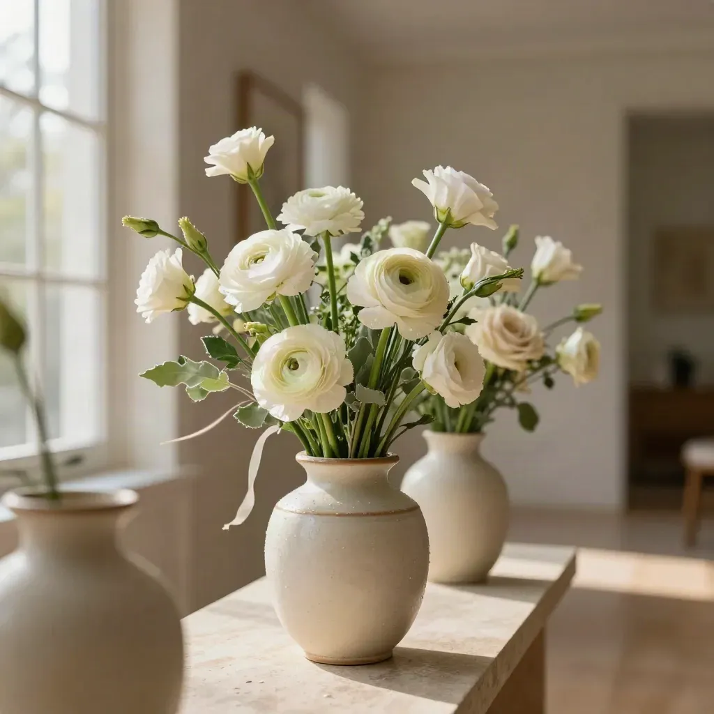 Trois vases crème livrés dans un hall lumineux, posés sur une console de pierre.