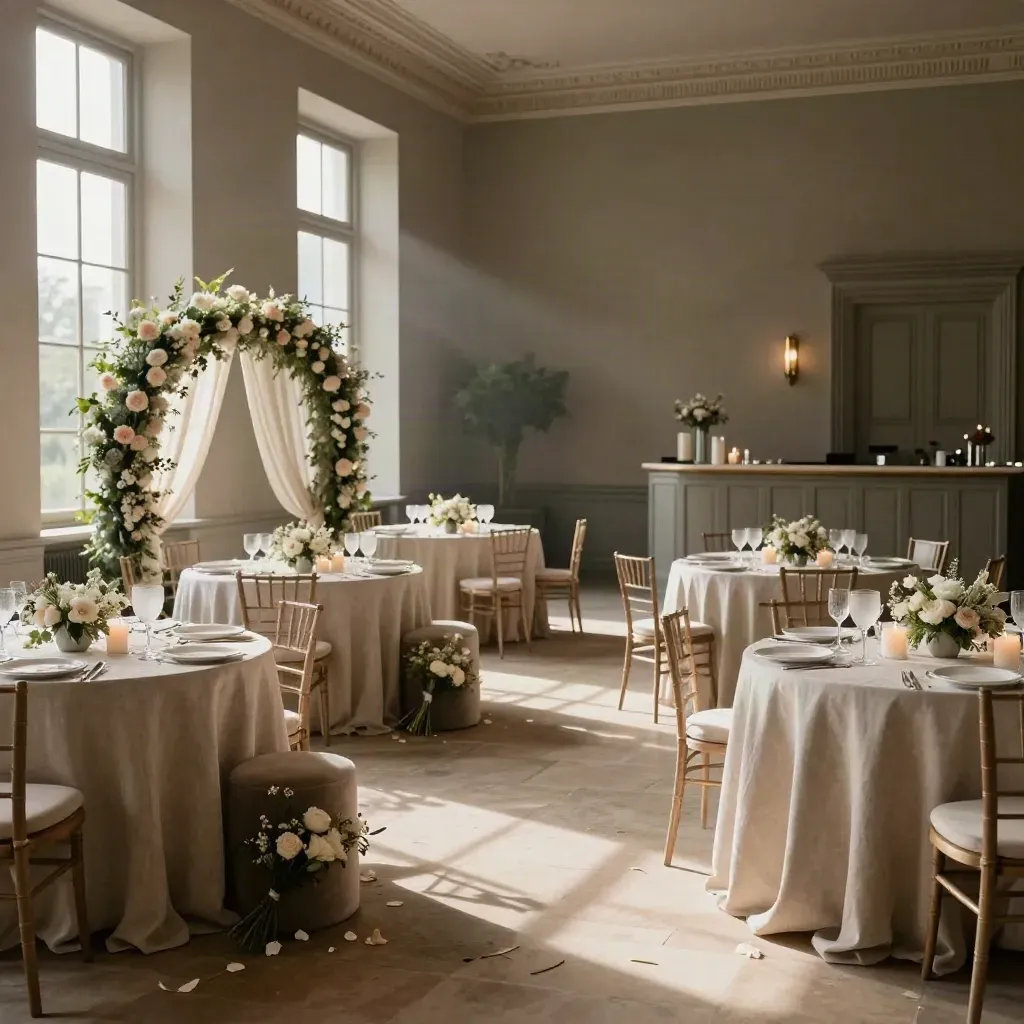 Salle de mariage à Saint-Germain dressée, arche légère et tables ivoire sous la lumière naturelle.