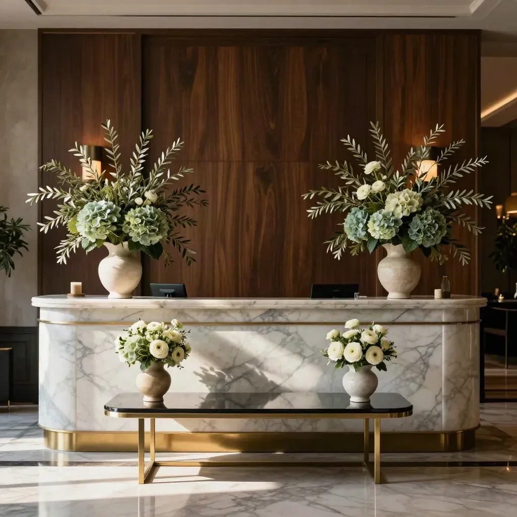 Hall d’hôtel en marbre avec vases de saison et tables fleuries, ambiance douce et symétrique.