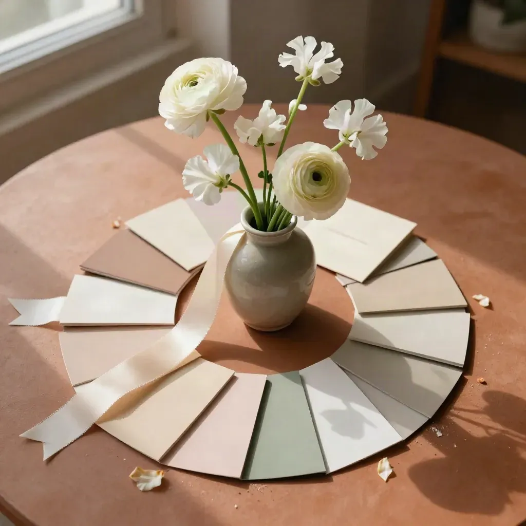 Vue de dessus de fleurs échantillons, rubans et mini-vase sage sur fond terre cuite.