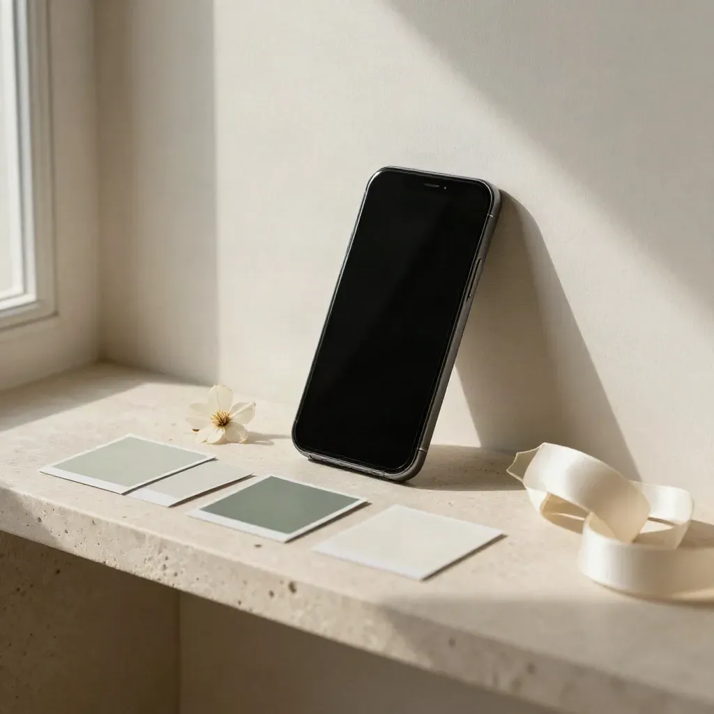 Téléphone noir, échantillons de teintes, fleur pressée et ruban de soie sur tablette claire.