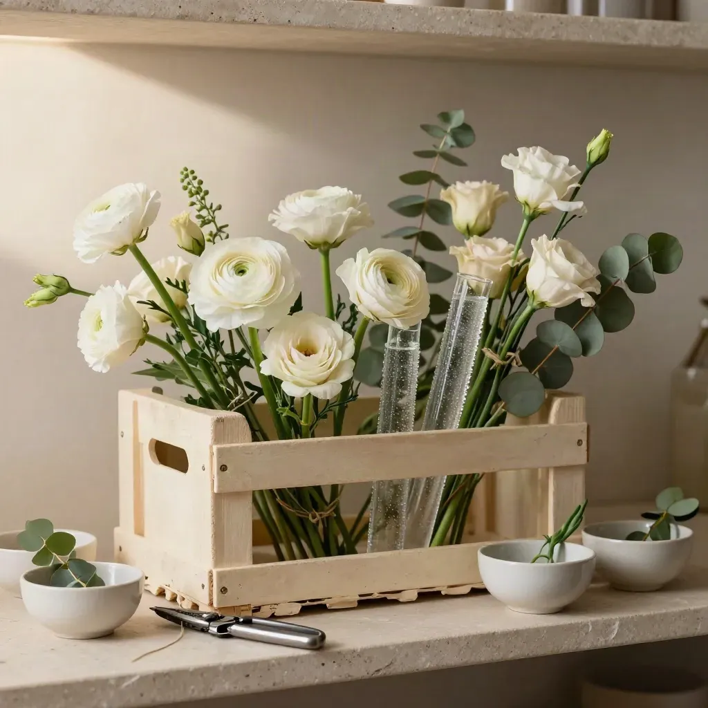 Caisse de fleurs triées, tubes d’eau, sécateurs et bols en céramique sur une étagère claire.
