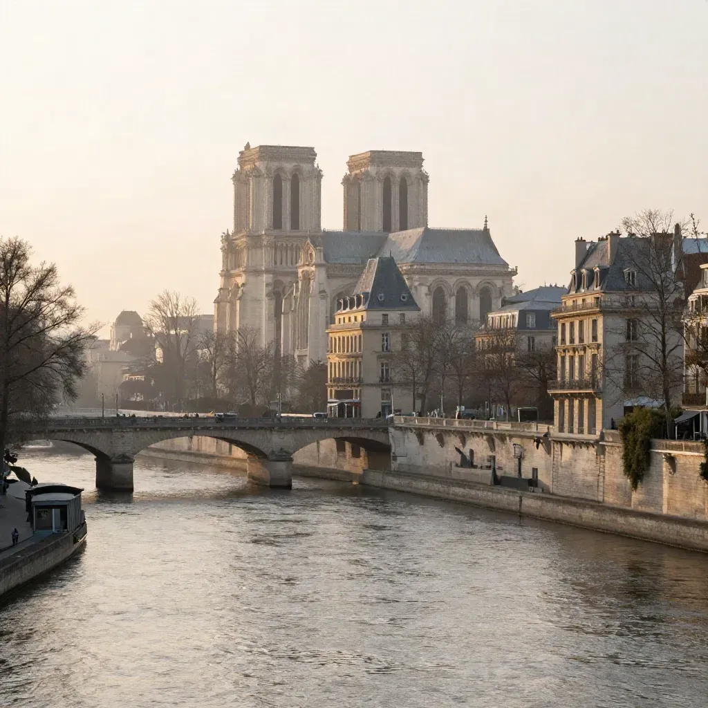 Paris Centre à l’aube, Seine calme, Île de la Cité et toits pâles dans la brume dorée.