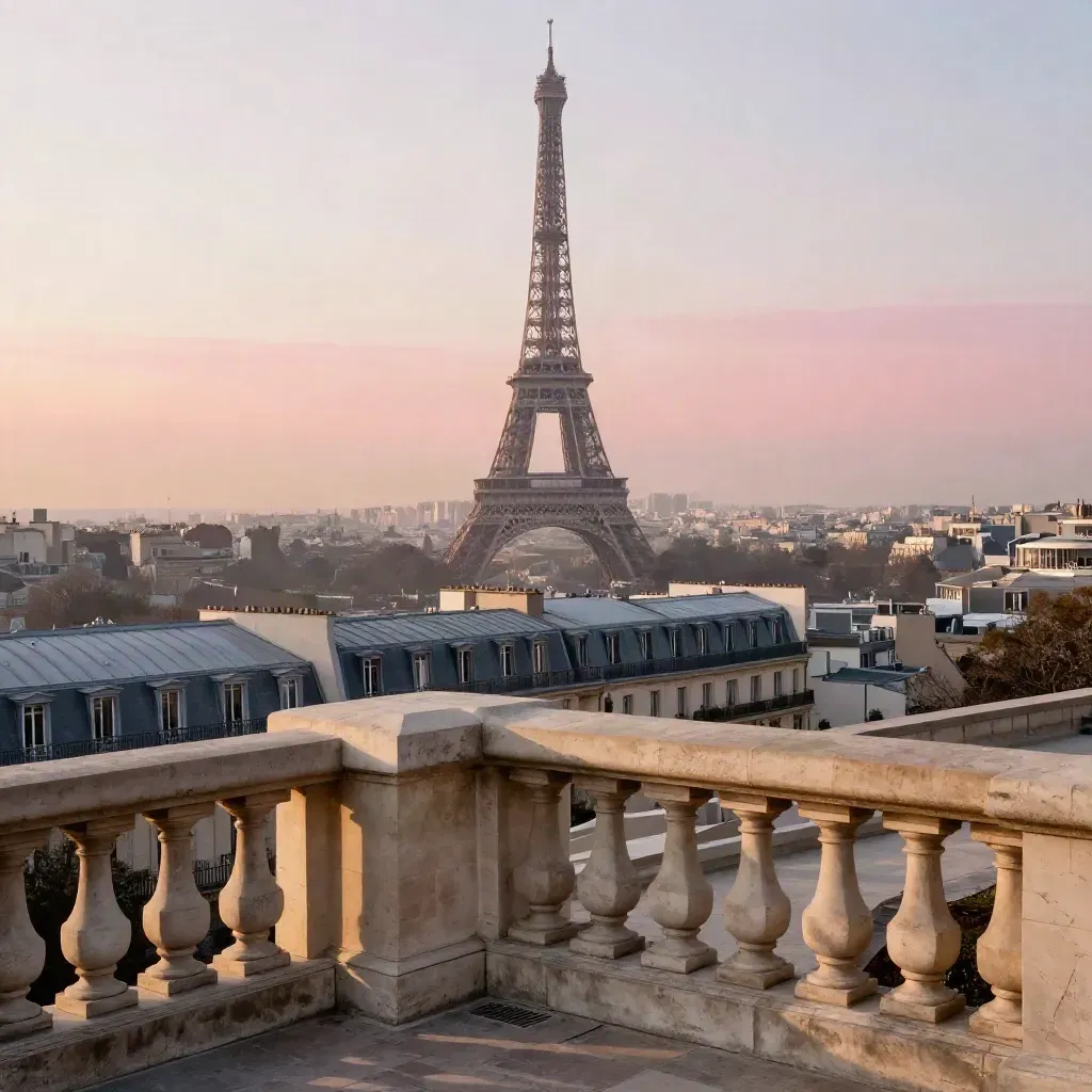 La tour Eiffel dans la brume dorée vue depuis Passy, terrasses de pierre en contrebas.