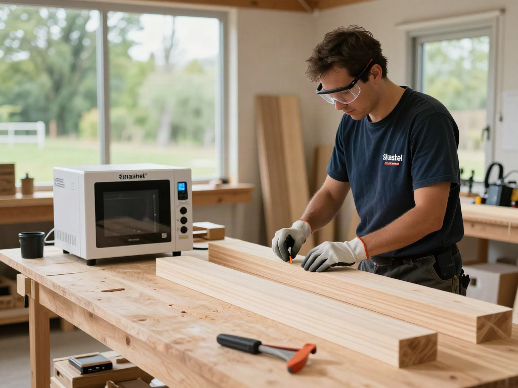 Traitement du bois avec le système Shashel® dans un atelier éco-responsable.