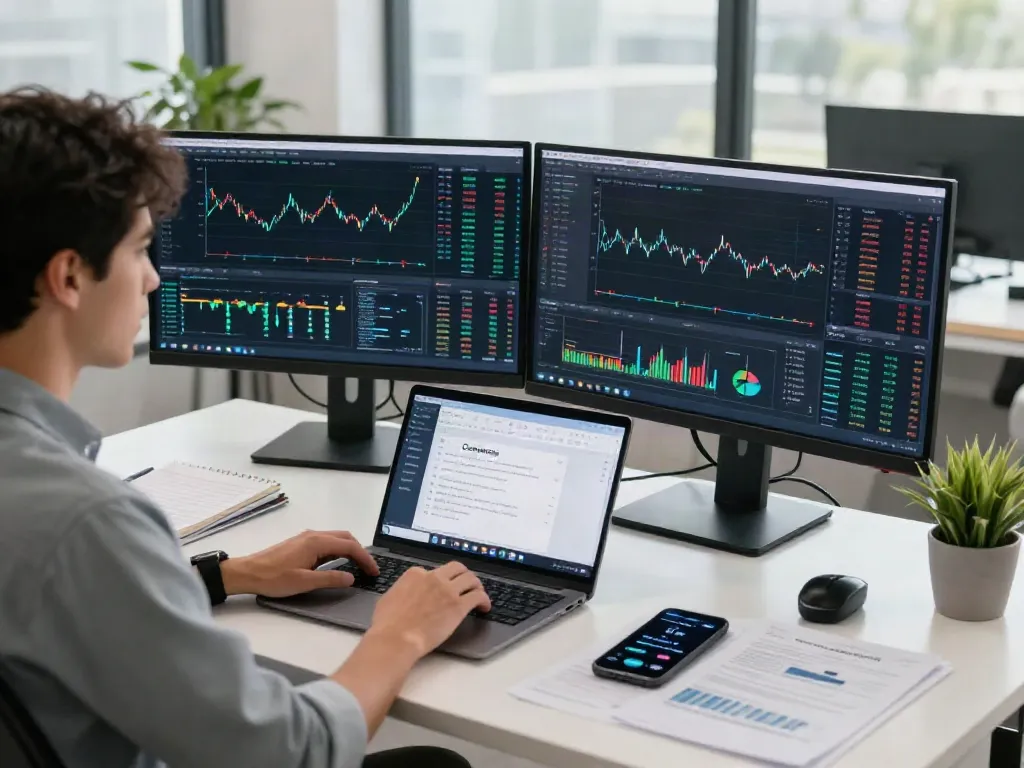 Couponeau : espace de travail moderne pour le trading automatisé assisté par IA, montrant des graphiques de marché et alertes sur des écrans.
